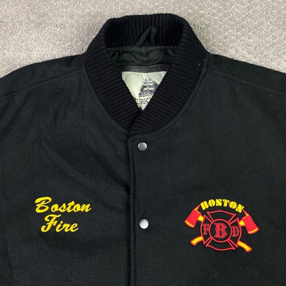 Boston Fire Department Jacket Varsity Letterman Wool Leather BFD Men's 2XL Black - Picture 2 of 11
